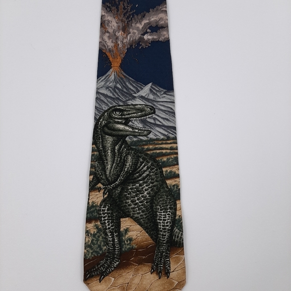 Endangered Species Dinosaur T-Rex and Volcano 100% Silk Necktie - Picture 3 of 8